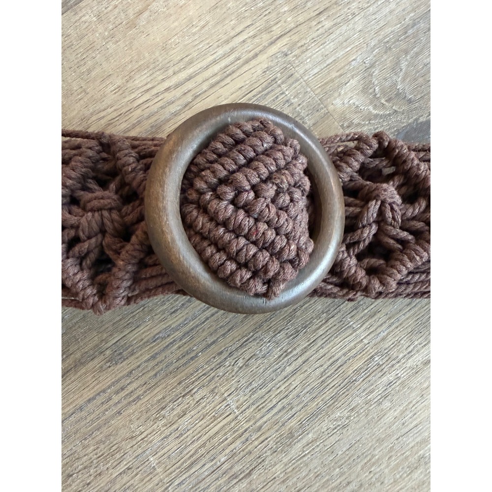 Vintage Brown Macrame Belt Woven Boho Diamond Pattern Wood Buckle 36 Inch